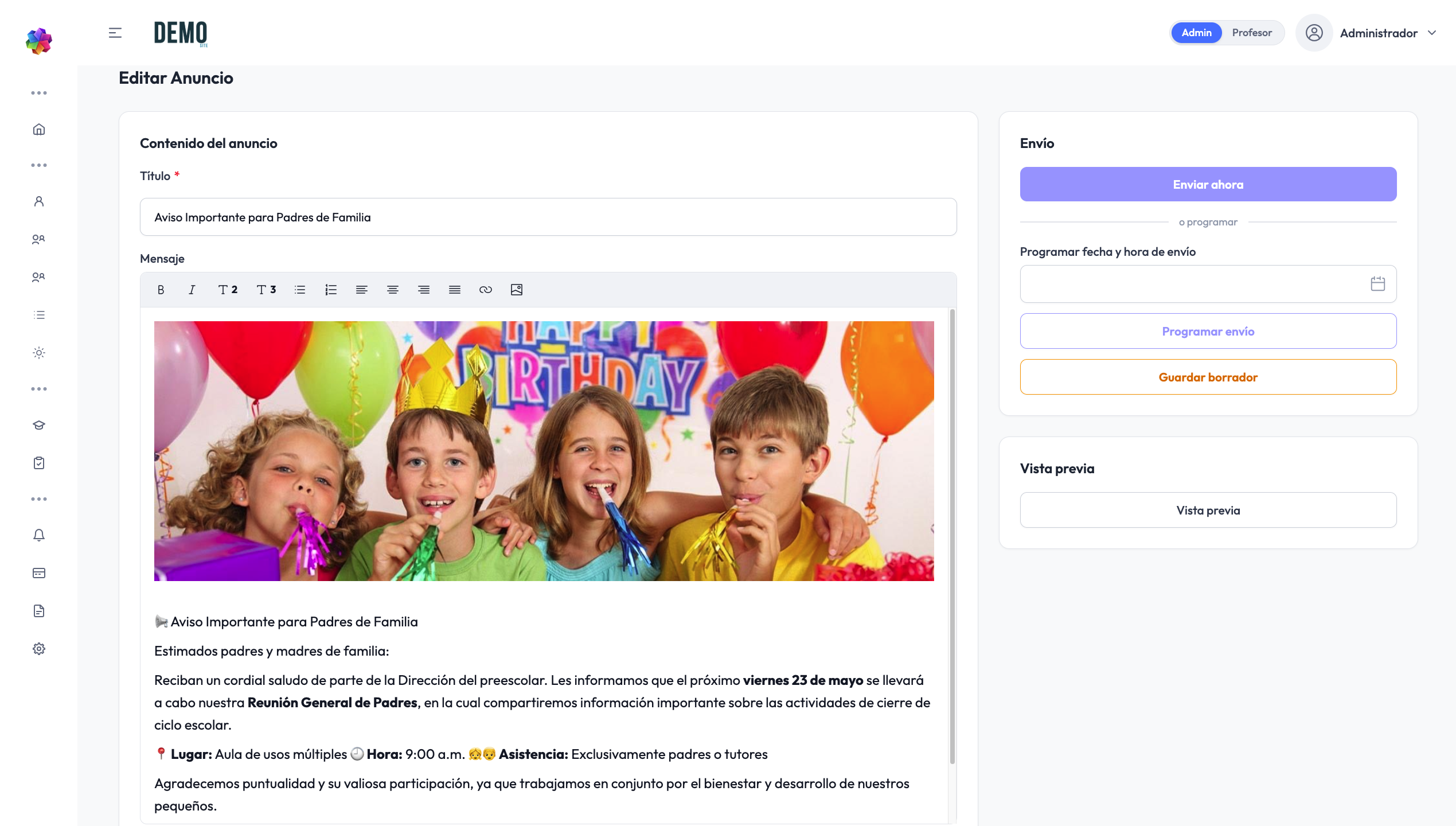 Editor de anuncios con formato, imagen de banner y segmentación por grado o salón.