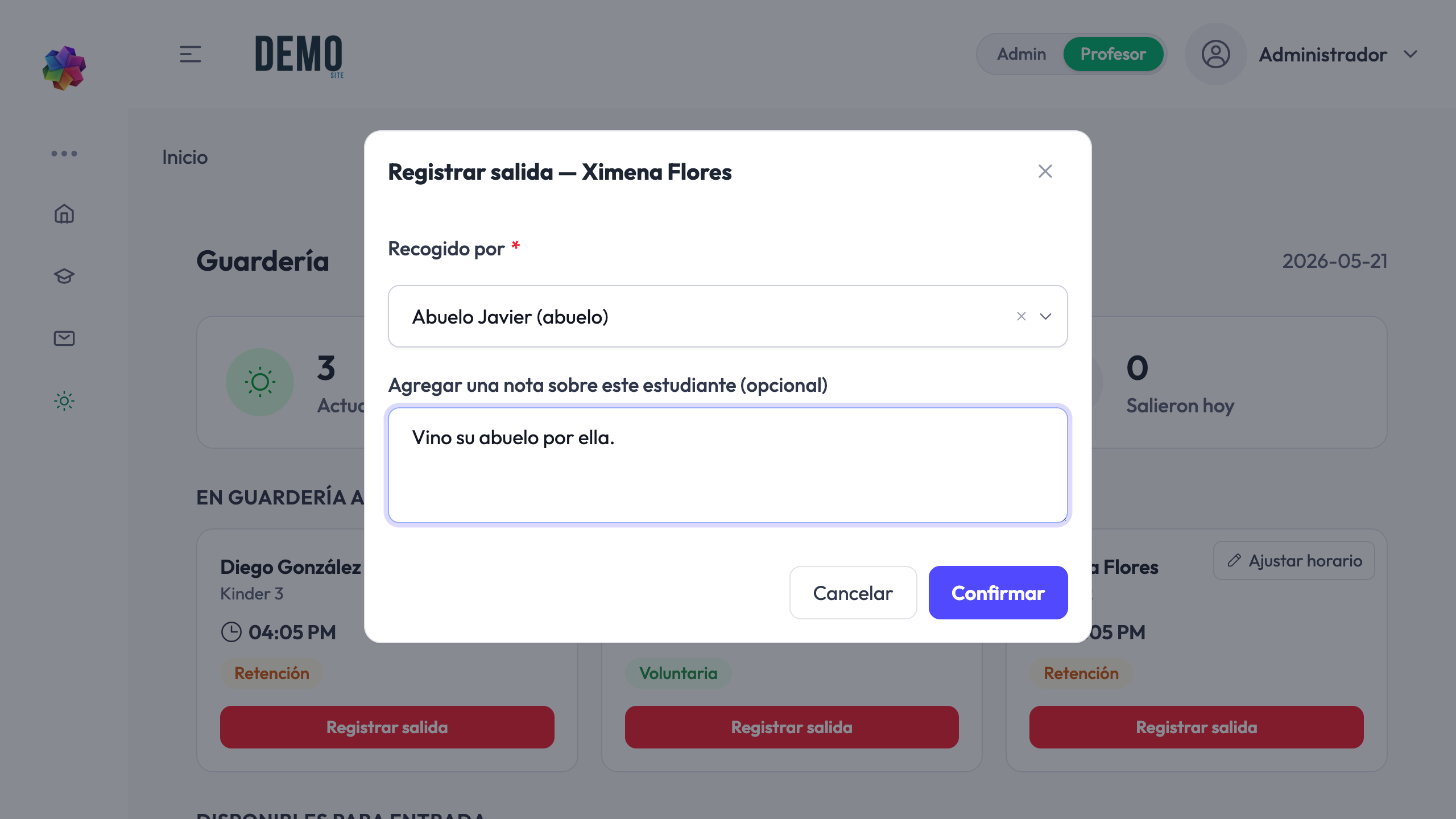 Registro de check-out de daycare con la persona autorizada de recogida definida por el padre.